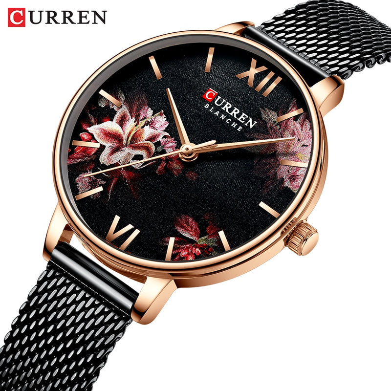 Relojes de mujer CURREN, reloj negro, reloj de pulsera de cuarzo de malla de acero inoxidable, reloj informal con encanto para mujer, relojes femeninos