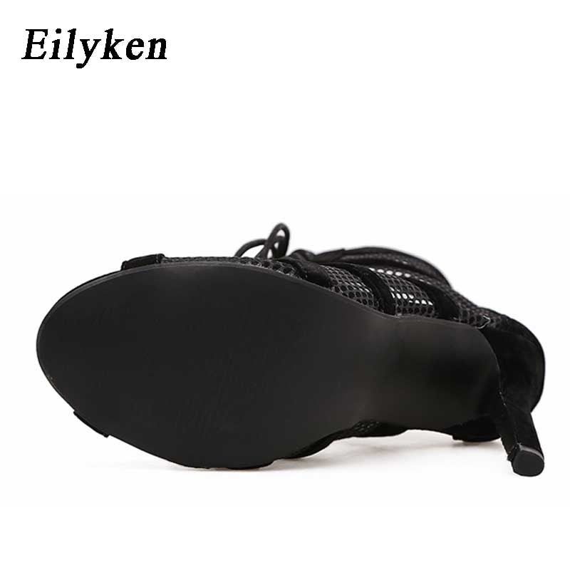 Eilyken 2023 Fashion Black Summer Sandals Lace Up Cross-tied Peep Toe High Heel Ankle Strap Net Surface Hollow Out Shoes