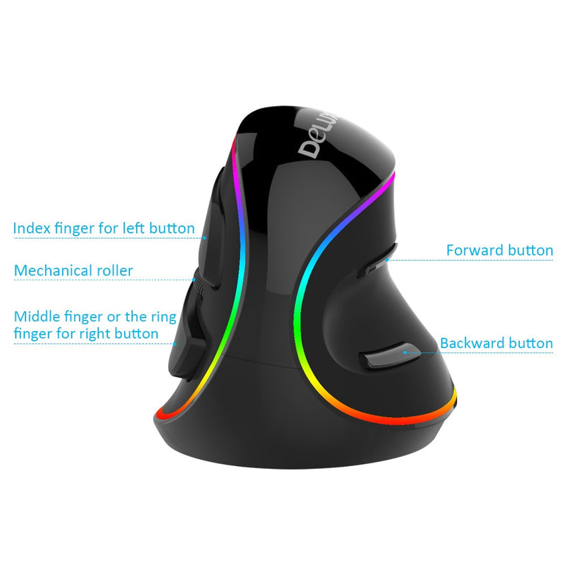 Delux Ergonomics Vertical Gaming Wired Mouse RGB / Color único / Inalámbrico 6 Botones 4000 DPI Ratón óptico RGB Inalámbrico Mano derecha