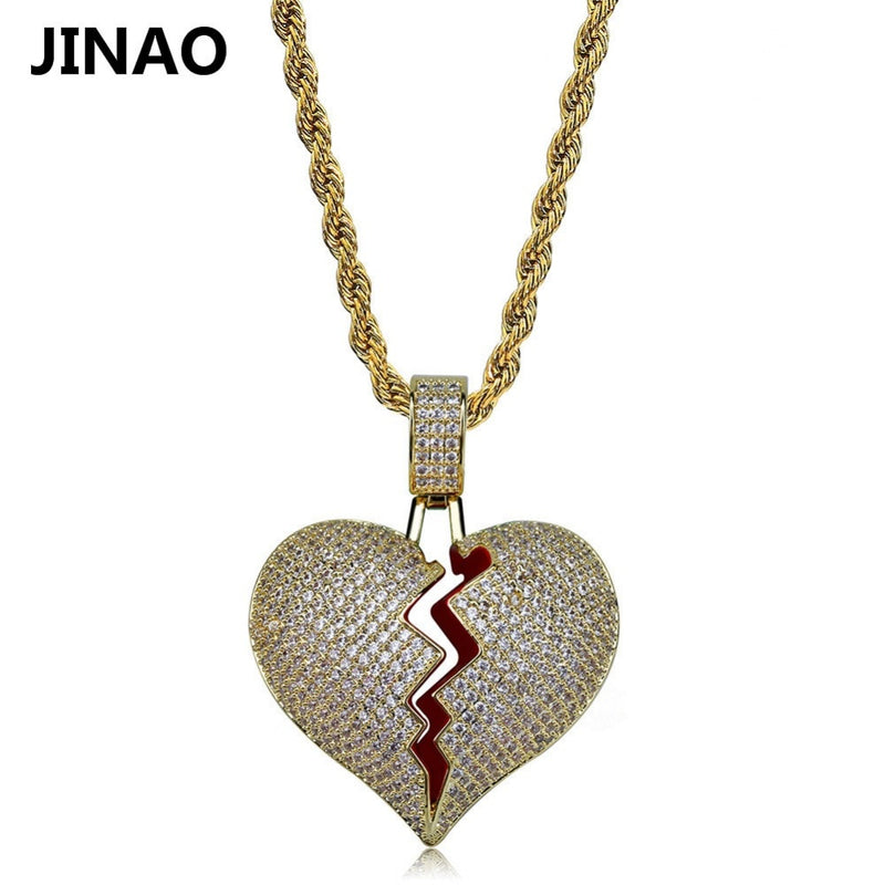 JINAO Mode Gebrochenes Herz Iced Out Kette Anhänger Halskette Statement Gold Farbe Kubikzirkon Halskette Hip Hop Herren Schmuck Geschenk