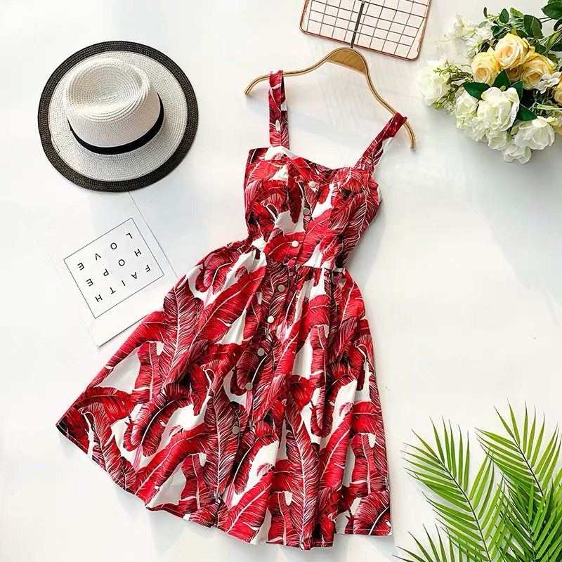 Marwin New-Coming Summer Women Spaghetti Strap Print Floral Sleeveless Empire Beach Dresses High Street Style