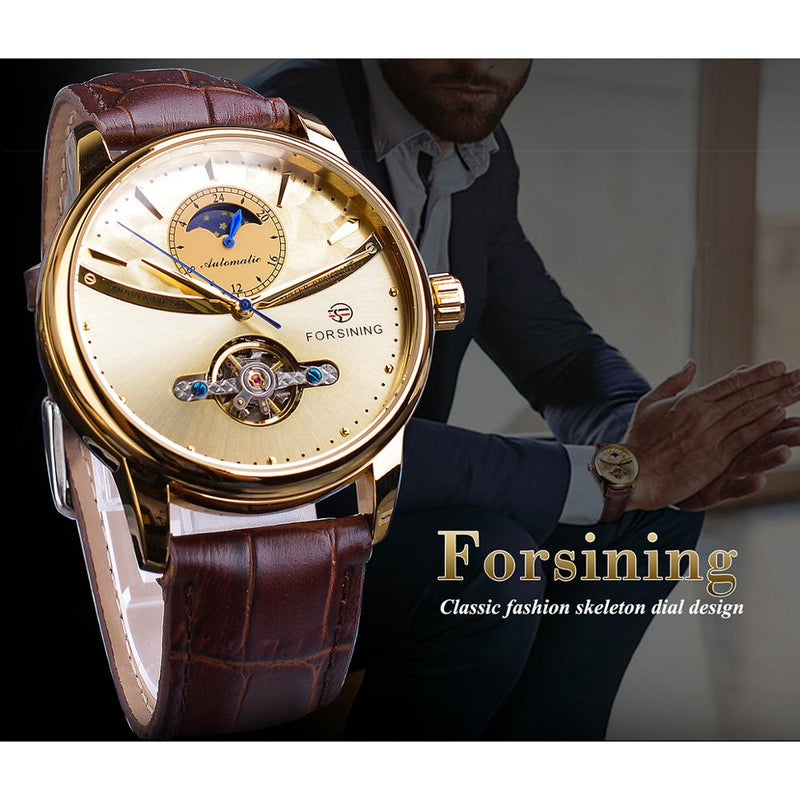 Reloj automático de fase lunar Forsining, reloj de pulsera mecánico resistente al agua dorado para hombres reales, reloj Tourbillon informal de cuero genuino