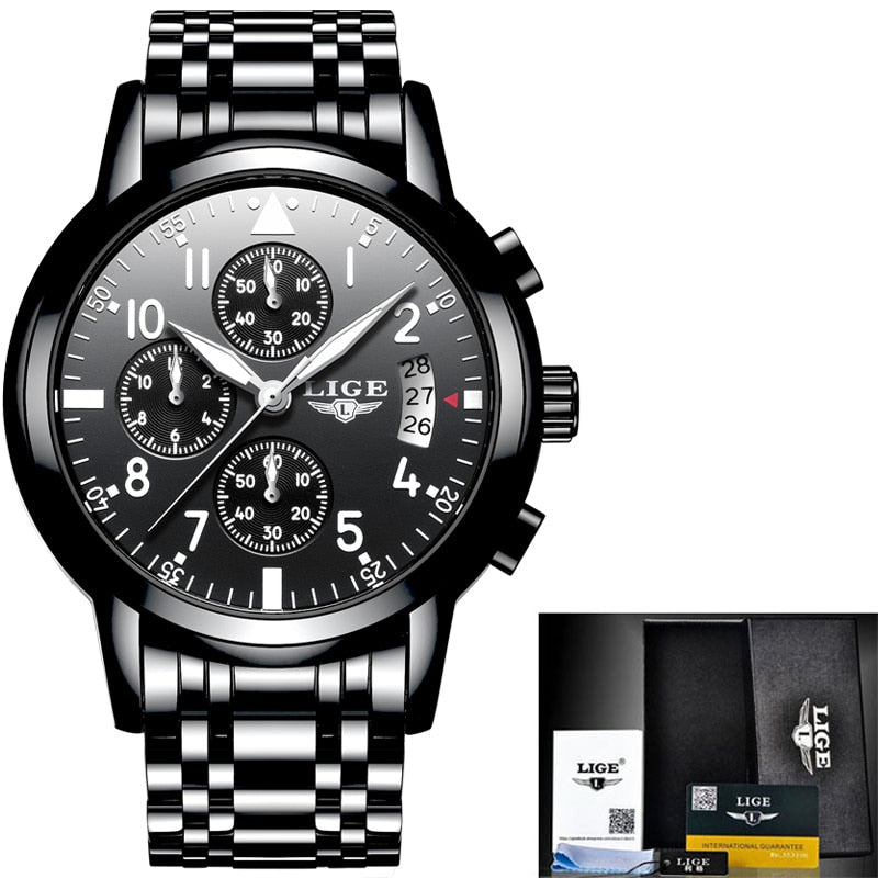 LIGE, relojes para hombre, marca superior, reloj de cuarzo de negocios a la moda de lujo, reloj deportivo para hombre, reloj negro resistente al agua de acero, erkek kol saati + caja