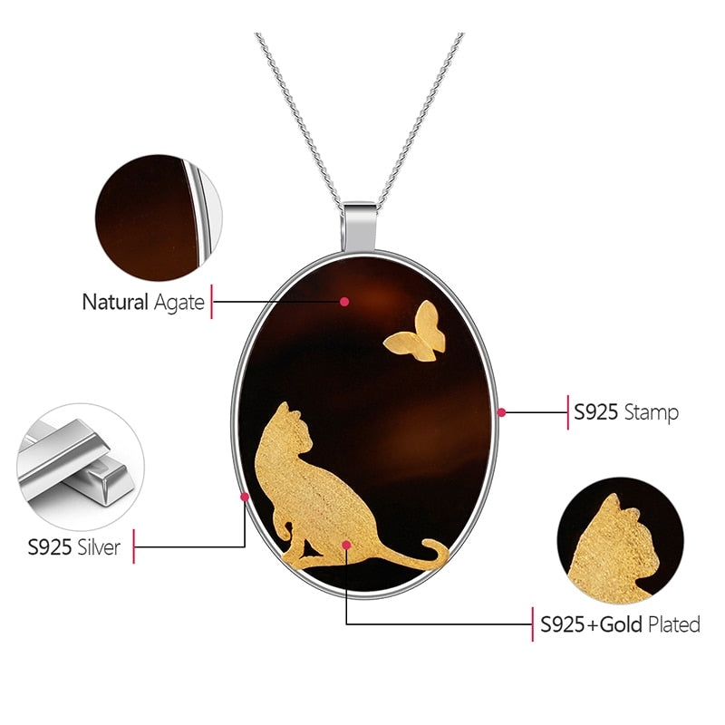 Lotus Fun Real 925 Sterling Silver Natural Agate Handmade Fine Jewelry Cat and Butterfly Pendant without Necklace for Women