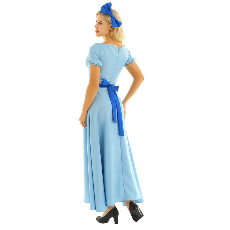 Women Halloween Cosplay Costume Wendy Dress Boat Neck Short Puff Sleeves Princess Party Fancy Maxi Dress with Headwear and Belt