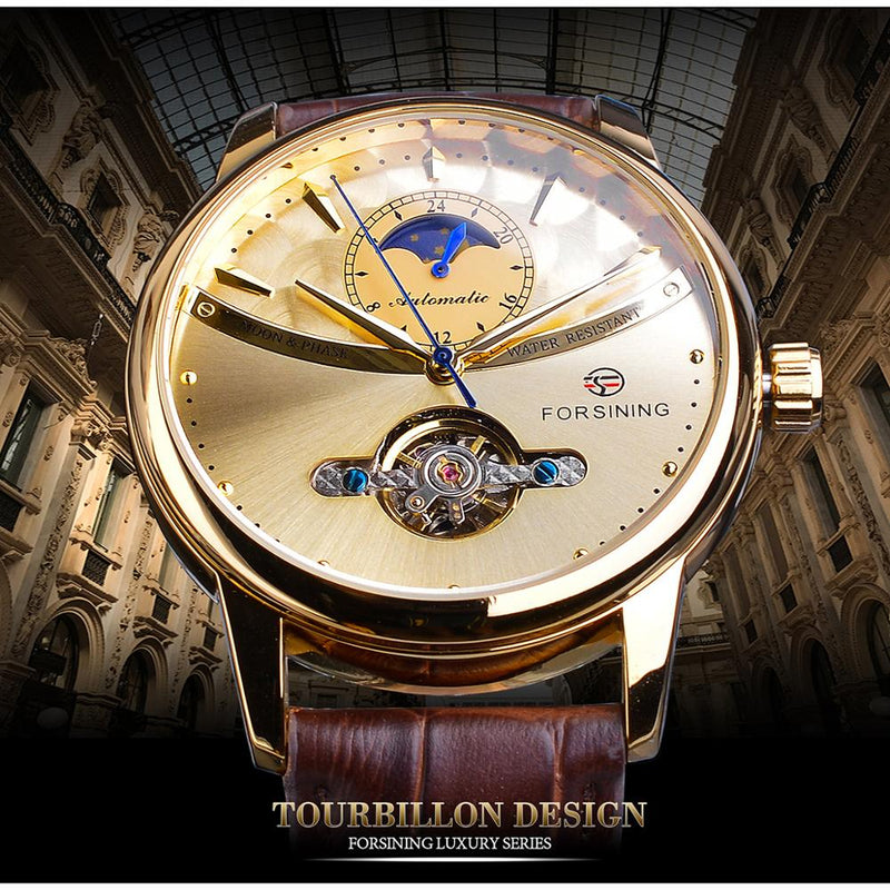 Forsining Moon Phase Automatic Watch Royal Men Golden Waterproof Mechanical Wristwatch Casual Genuine Leather Tourbillon Clock