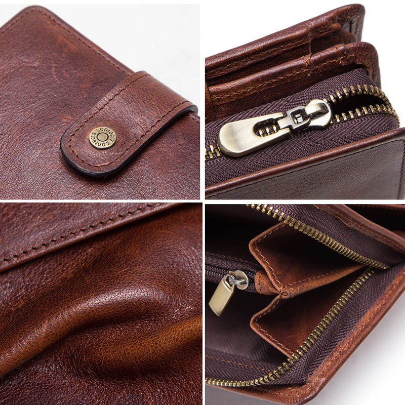 Cartera Vintage RFID de cuero genuino para hombre con monedero, carteras cortas, cartera pequeña con cremallera y tarjeteros, monedero para hombre