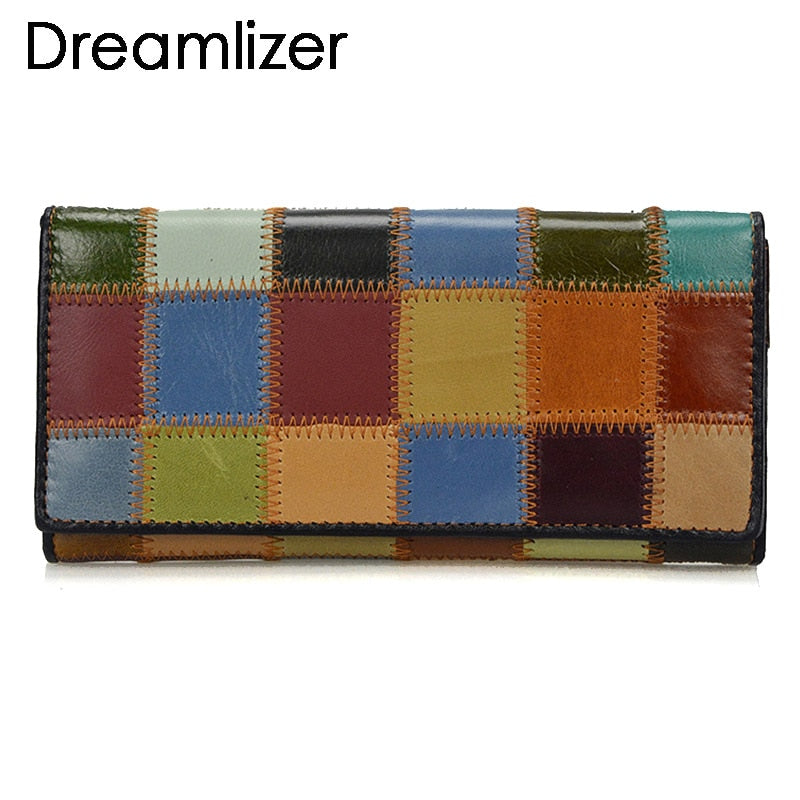 Dreamlizer 2021 New Fashion Patchwork Women Wallets Long Genuine Leather Purse Female Colorful Female Day Clutch Zipper Bags