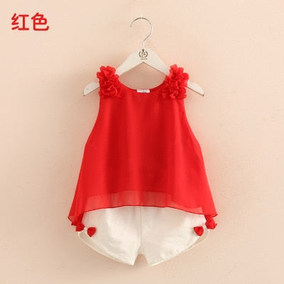 2023 Casual Cute 2 3-4 6 8 10 Years Solid Color Bow Flower Sleeveless T-shirt+Shorts 2 Pcs Baby Kids Girls Summer Clothing Set