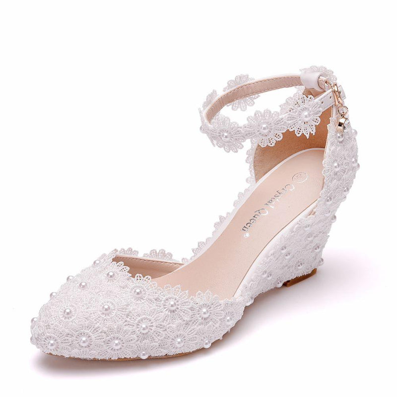 Crystal Queen Wedges Heel Woman Wedding Shoes Bride White Lace UP Sweet Bridesmaid Bridal Pumps Platform