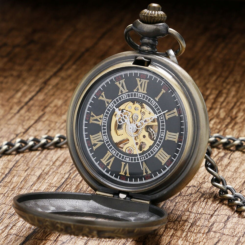 Steampunk Pendant for Men Women  Hand Winding Mechanical Pocket Watch Luxury Fashion Roman Numerals Skeleton Watches FOB Chain
