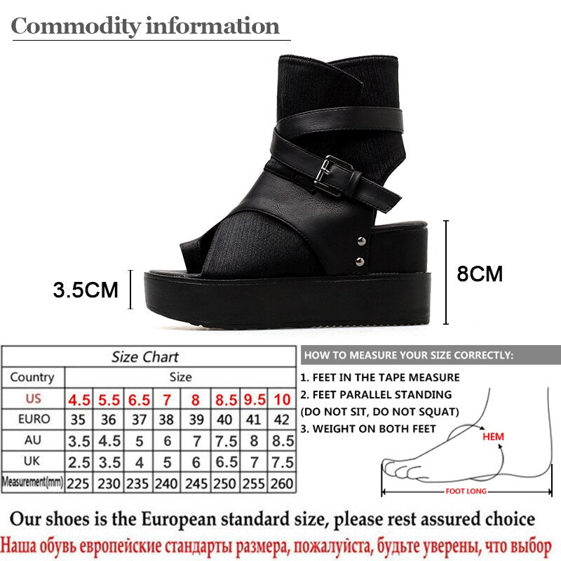 Gdgydh Black Women Ankle Boots Spring Autumn Peep Toe Flat Heel Boots For Female Buckle Platform Wedges Shoes Summer Comfortable