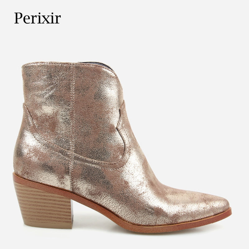 Perixir New Fashion Damen High-Heels Retro Square Heel Stiefel Zipper Concise Pointed Toe Damenstiefel Goldene Schuhe Winter 2020