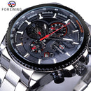 Forsining Mens Automatic Watch Blue Steel Band Calendar 3 Sub Dial Wristwatch Mechanical Waterproof Male Clock Relogio Masculino