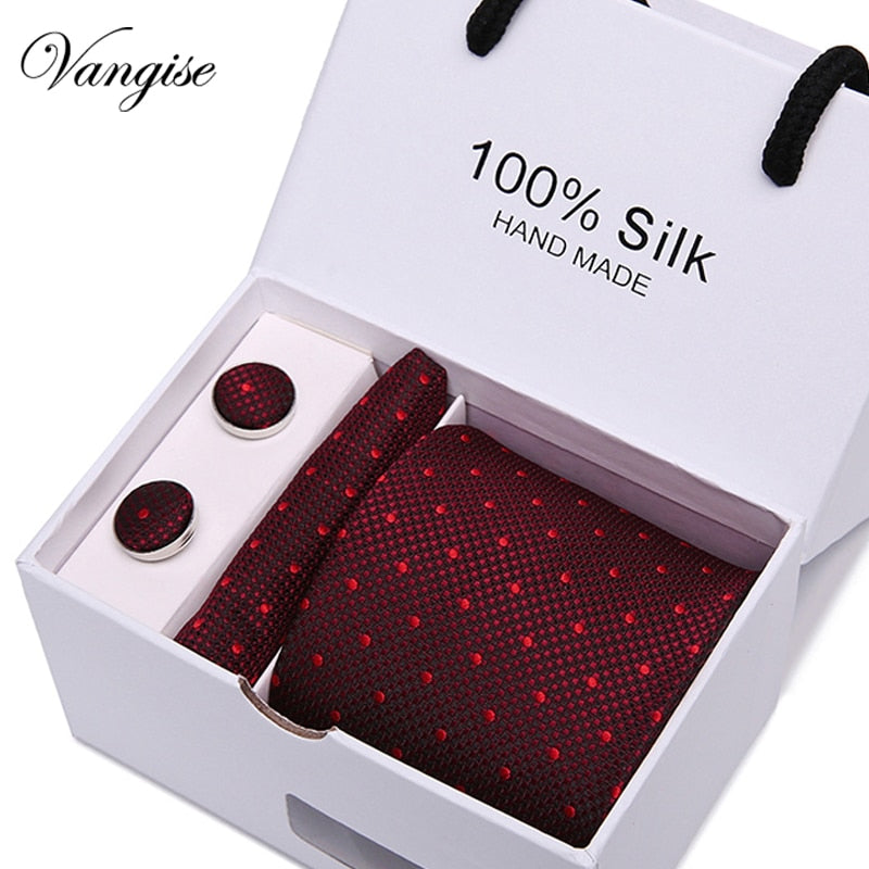 New Design Tie Set With Gift Box Jacquard Woven gravata Silk Tie Hanky Cufflinks Necktie Sets For Wedding Party Men