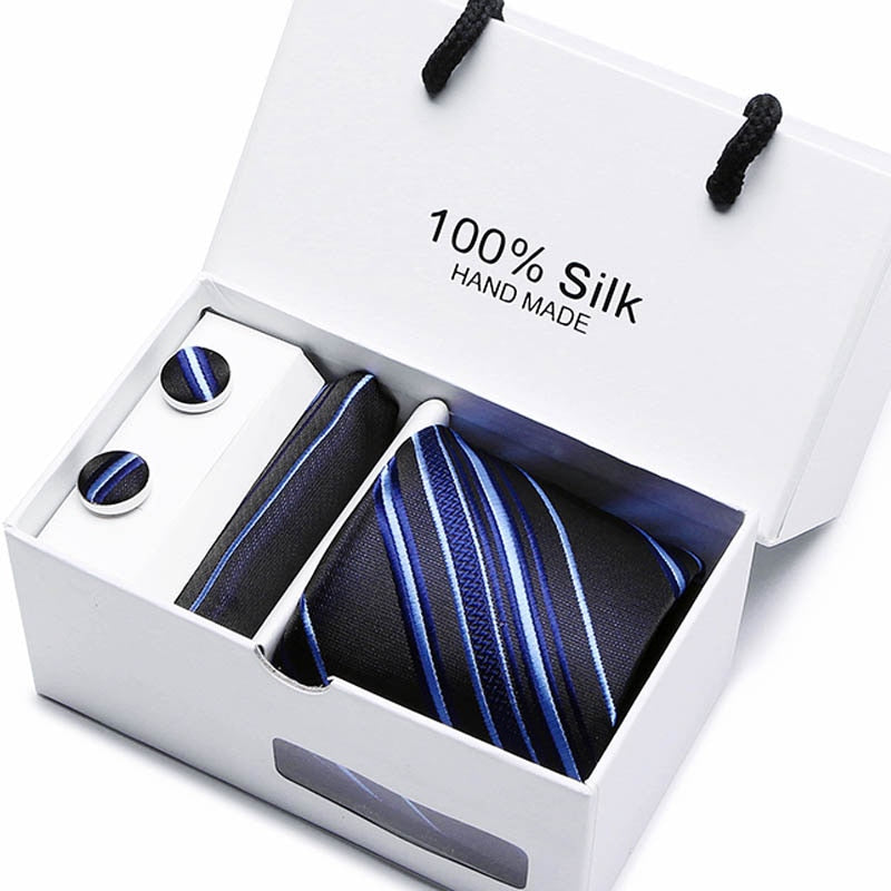 New Design Tie Set With Gift Box Jacquard Woven gravata Silk Tie Hanky Cufflinks Necktie Sets For Wedding Party Men