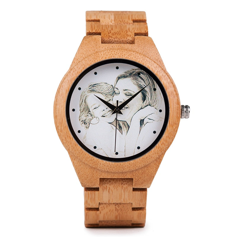 Personality Creative Design Customers Photos UV Printing Customize Wooden Watch Customization Laser Print OEM Great Gift Watches