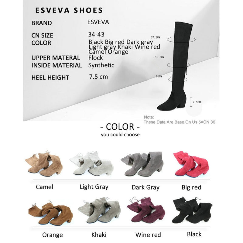 ESVEVA 2020, botas por encima de la rodilla, botas cálidas de punta redonda para invierno para mujer, botas cortas de felpa + tela elástica, botas de moda de talla grande 34-43