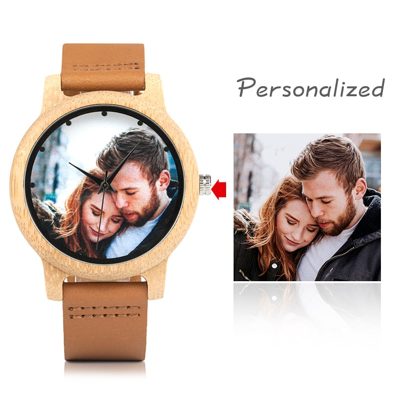 Relojes fotográficos personalizados creativos para hombres y mujeres, reloj de madera de bambú personalizado con impresión UV para pareja, novio, aniversario