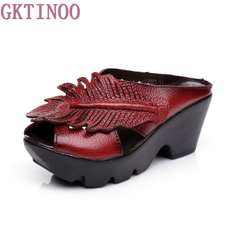 GKTINOO New Ethnic Style Echtes Leder Damen Schuhe Sandalen Wedges Slides Handmade Flower Damen Sommer Slipper