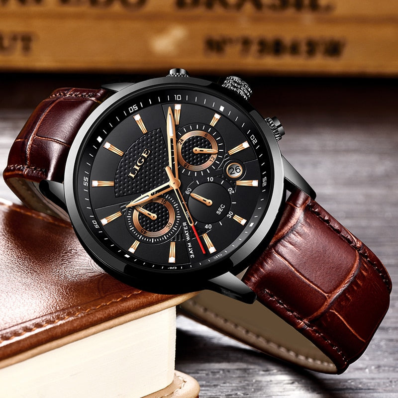 Relogio Masculino Men Watches LIGE Fashion Waterproof Chronograph Top Brand Luxury Quartz Watch Men Casual Leather Sport Watch