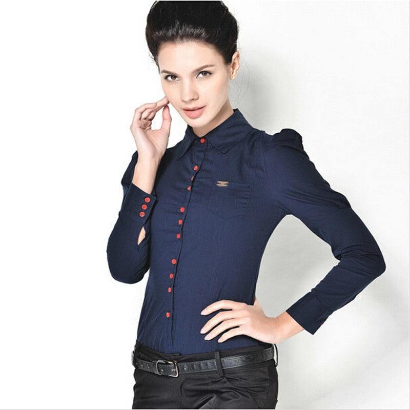 New Fashion Elegant Long sleeve Cotton OL Body Shirt Office Ladies Bodysuit Button Design Dark Blue White Red S-3XL Plus Size