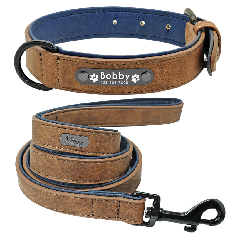 Collar de cuero para perro, juego de correas, collares de perros suaves personalizados, acolchado de plomo para perros pequeños, medianos y grandes, Pitbull, Bulldog francés