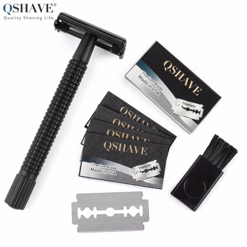 Qshave IT Matte Black Steel Coating Safety Razor Long Handle Butterfly Open Classic Safety Razor 11.4 x 4.3 weishi with 5 blades