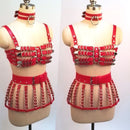 Sujetador enjaulado de 4 filas para trabajo pesado, 100% hecho a mano, arnés de cuero PU para mujer, lencería para el pecho, sujetador, cinturón, falda, arnés, cinturón para la cintura