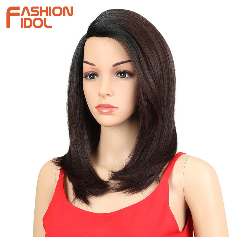 FASHION IDOL Wigs For black Women 18 inch Short Bob Hair Straight Synthetic Side Part Lace Wig Ombre Heat Resistant Cosplay Wig