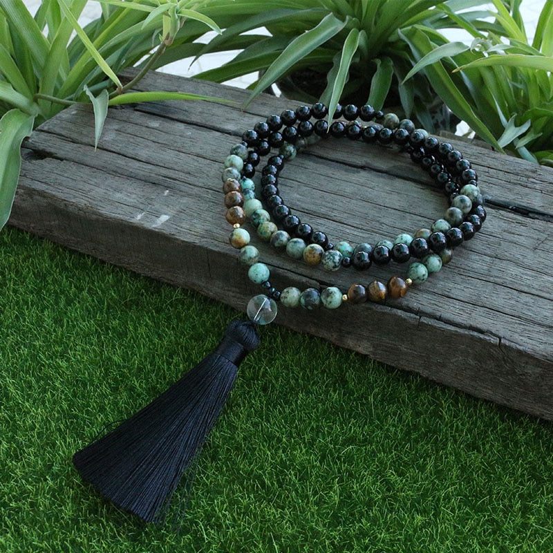 8mm African Turquoise And Onyx Beads Necklace, Confidence And Lucky JapaMala, 108 Bead Mala, Mala Jewelry, Mala Prayer Beads