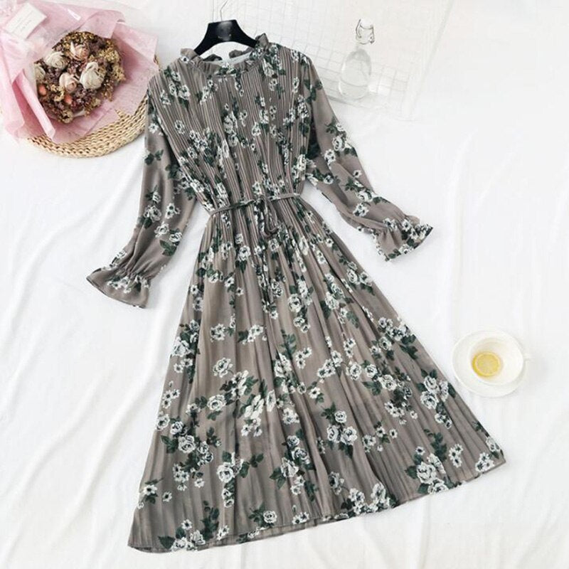 2022 New Women Spring Print Dresses Long Sleeve Chiffon Pleated Dress Casual Ruffle Flare Sleeve Long Dress Loose Vestidos