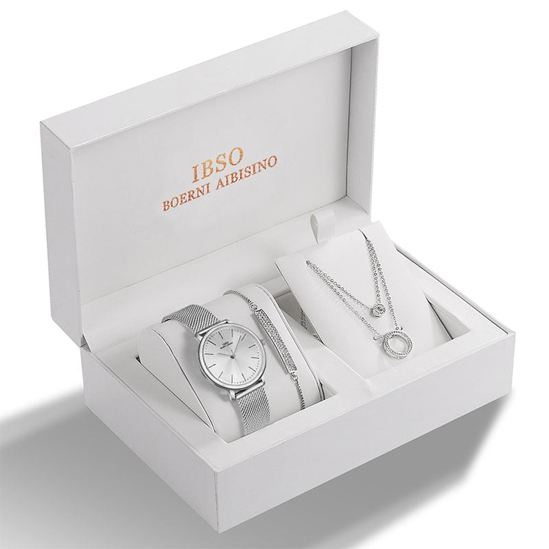 IBSO Frauen Quarzuhr Set Kristall Design Armband Halskette Uhr Sets Damenschmuck Mode Silber Luxusuhr Damengeschenk