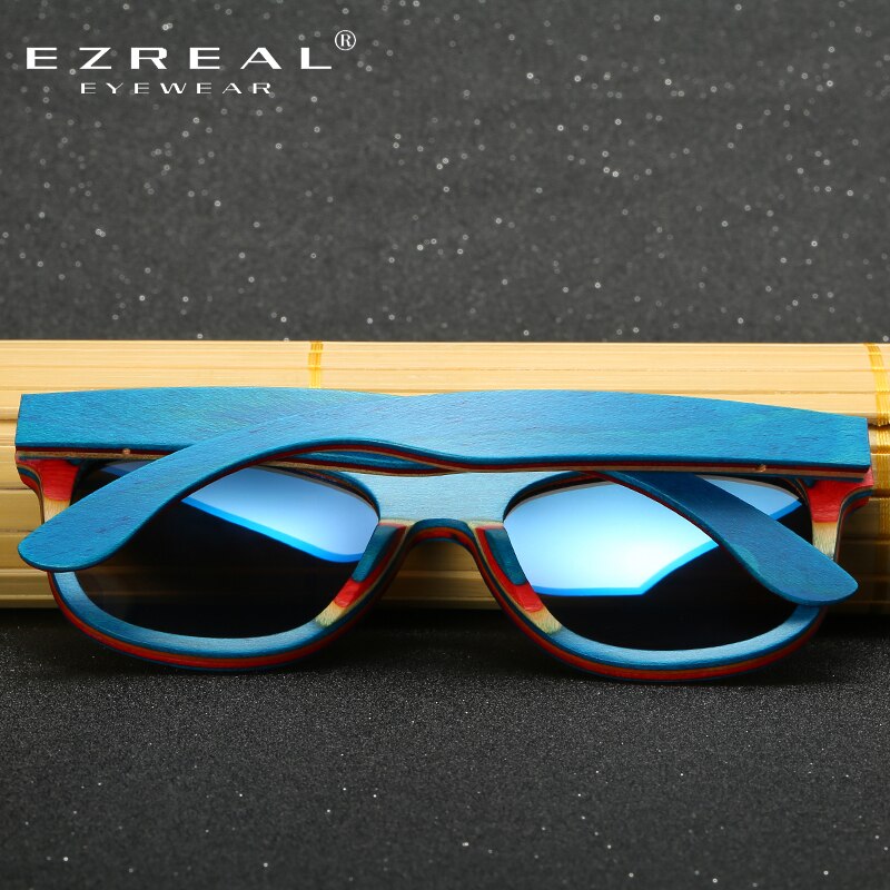 Gafas de sol de madera para monopatín EZREAL, marco azul con revestimiento, gafas de sol de bambú espejadas, lentes de protección UV 400 en caja de madera