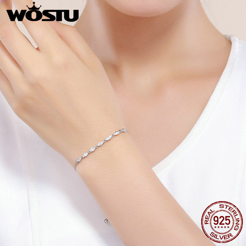 WOSTU Hot Sale 925 Sterling Silver Chain Glitter Stackable Oval CZ Stone Adjustable Women Bracelet Luxury Silver Jewelry CQB086