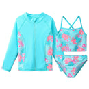 BAOHULU Girls Swimsuit Long Sleeve Sun Protection Swimwear Children Flower Print Three Pieces Beach Bathing Suits Girls Bikini