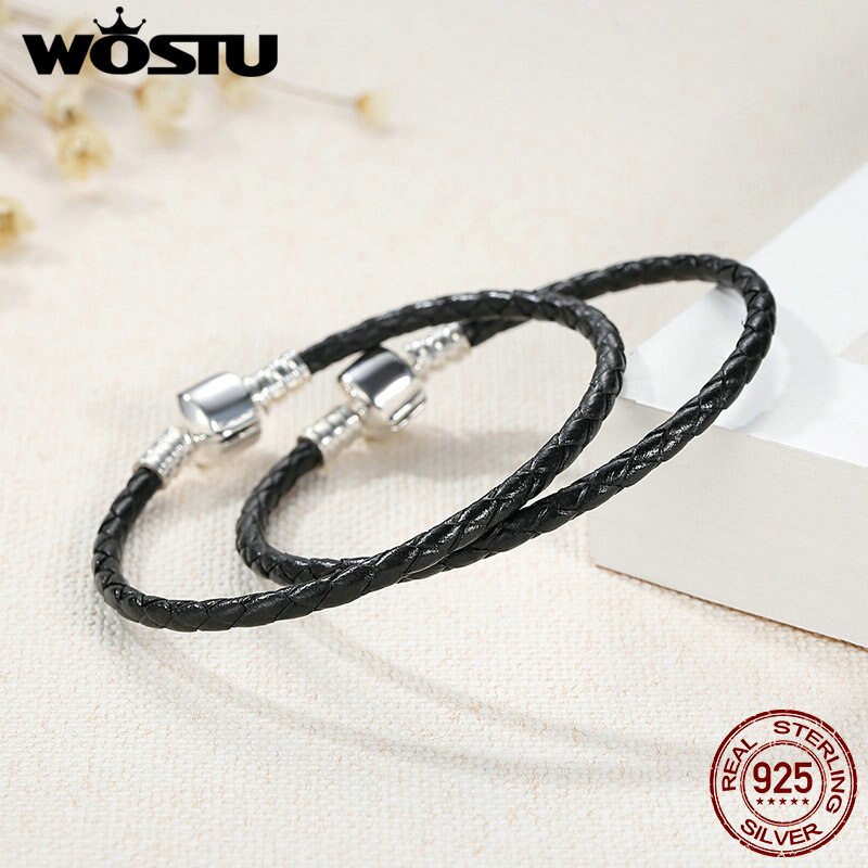 2019 New 100% 925 Sterling Silver & Real Black Leather Chain Charm Fit  Bracelet For Women Men Original Fine Jewelry XCHS911