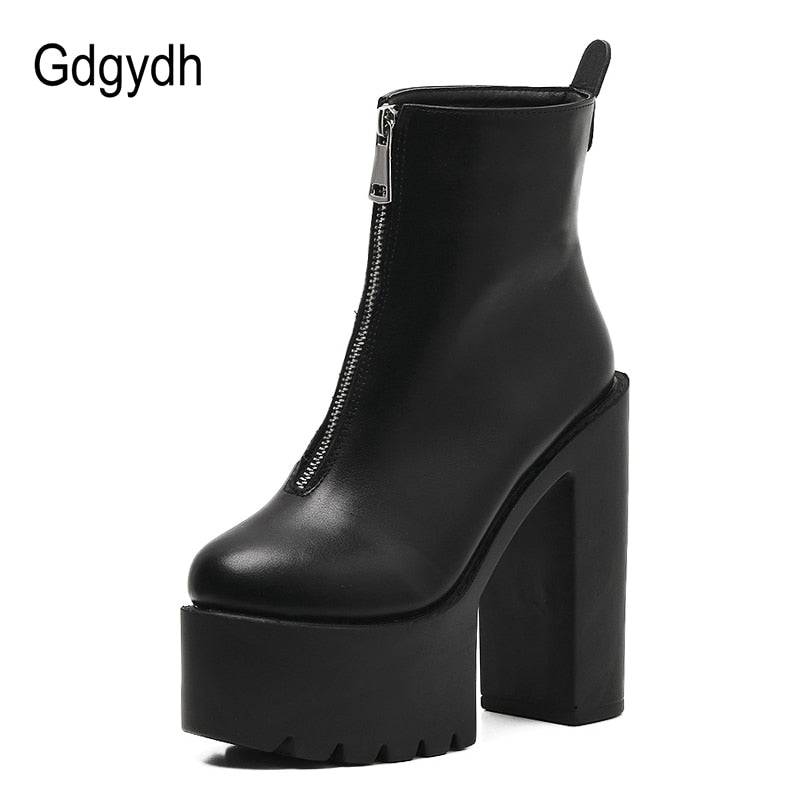 Gdgydh 2022 Fashion Autumn Women Ankle Boots Leather Black Female High Heels Shoes Ultra High Platform Heels Round Toe Lady Shoe