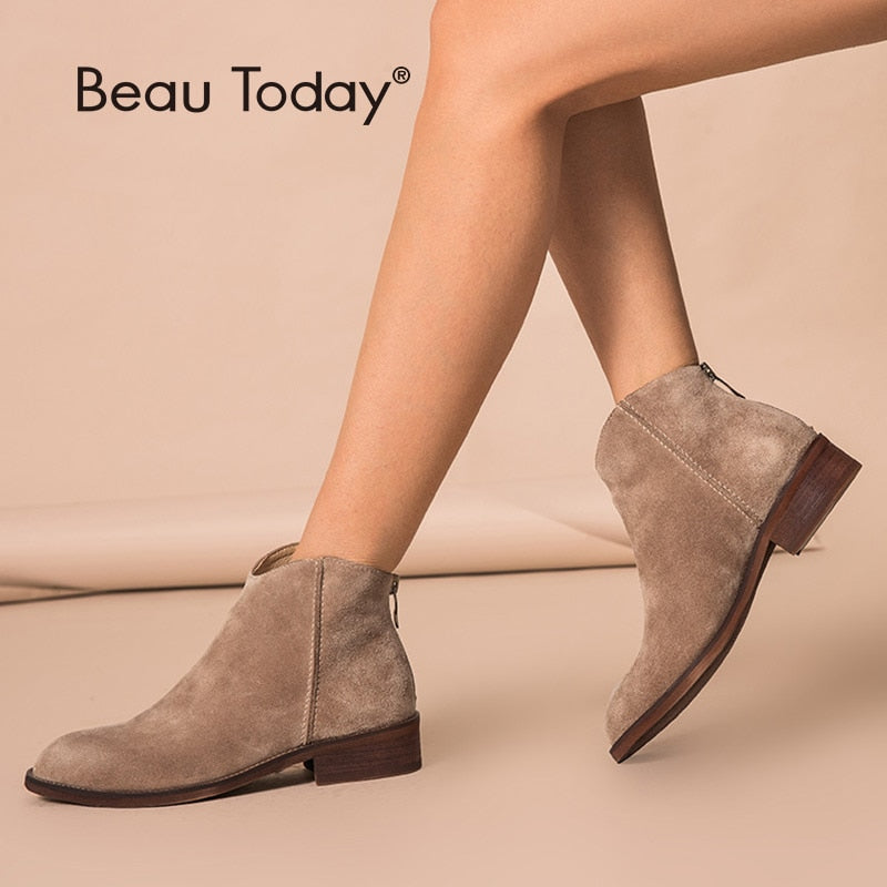 BeauToday, botines de mujer de alta calidad, ante de vaca, con cremallera, moda de otoño, zapatos de cuero genuino para mujer, tacón plano hecho a mano 03274