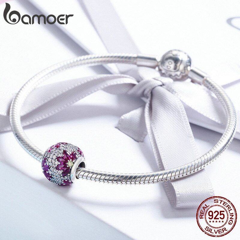 BAMOER Frühlingskollektion 925 Sterling Silber Ahornblätter Klare CZ-Perlen passen zu Charm-Armbändern und Halsketten DIY-Schmuck SCC570