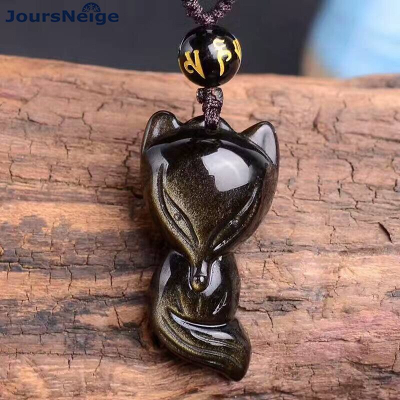 Venta al por mayor, collar de piedra de obsidiana Natural negra dorada, colgante de zorro de la suerte de nueve colas para mujeres y hombres, joyería de moda JoursNeige