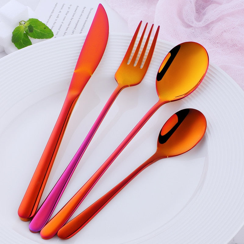 Hot Sale 4 Pcs/Set Tableware Set Stainless Steel Cutlery Long Handle Knife Spoon Fork Sald Spoon Korean Style 8 Colors Flareware