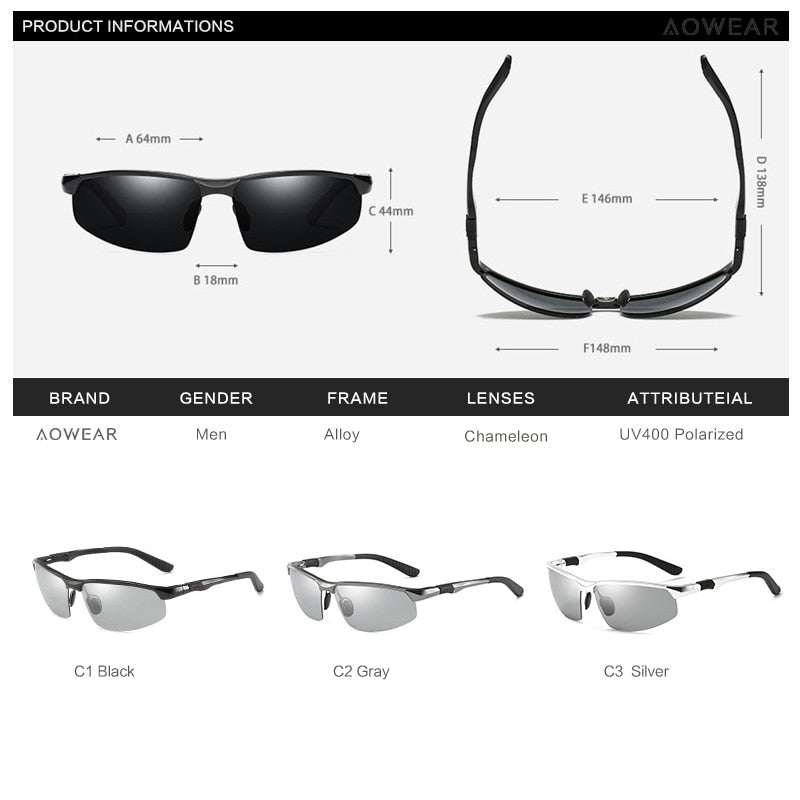 Gafas de sol fotocromáticas AOWEAR para hombre, Gafas polarizadas para conducir de día y noche, Gafas de camaleón sin montura de aluminio de alta calidad