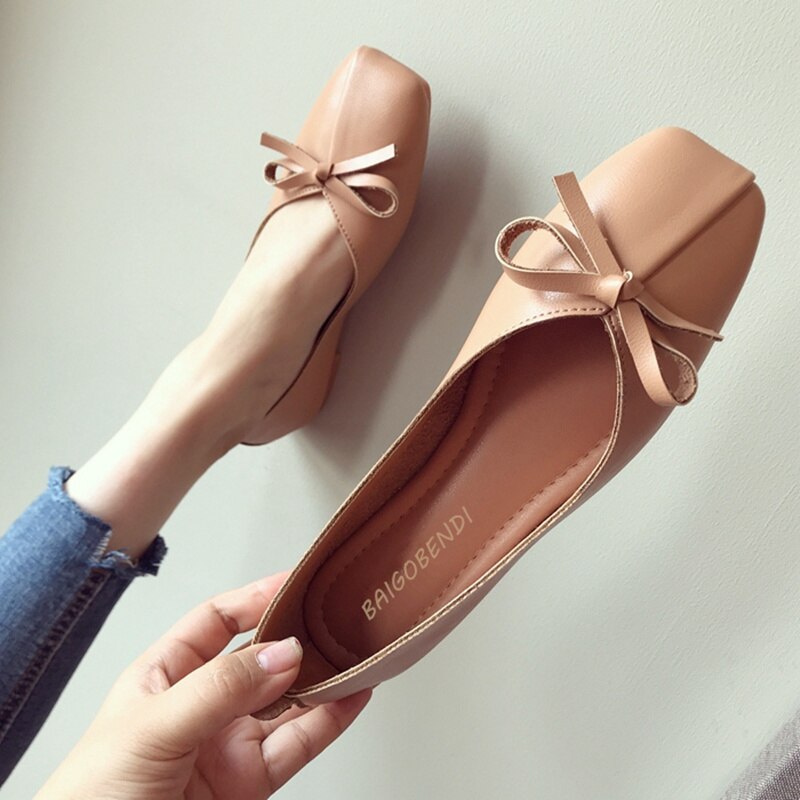 Eur Size 35-41 Bow Knot Flats Woman Square Toe Ballet  Girls Casual Shallow Mouth Summer Concise Shoes