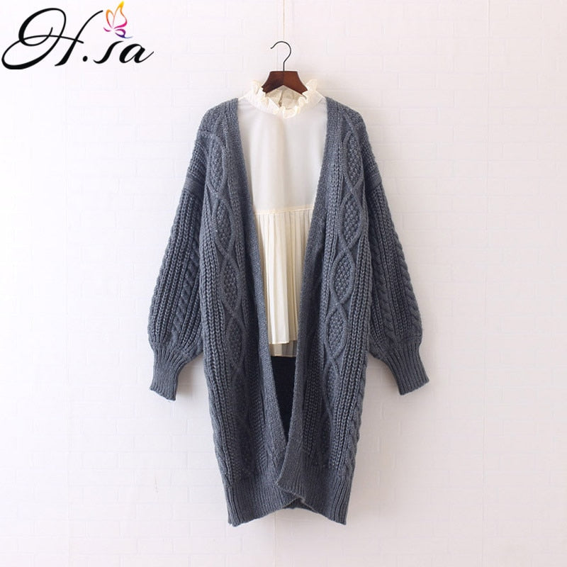 H.SA Winter Autumn Long Female Cardigans Latern Sleeve Casual Knitted Poncho Sweaters Oversized Long Cardigans Korean sueter