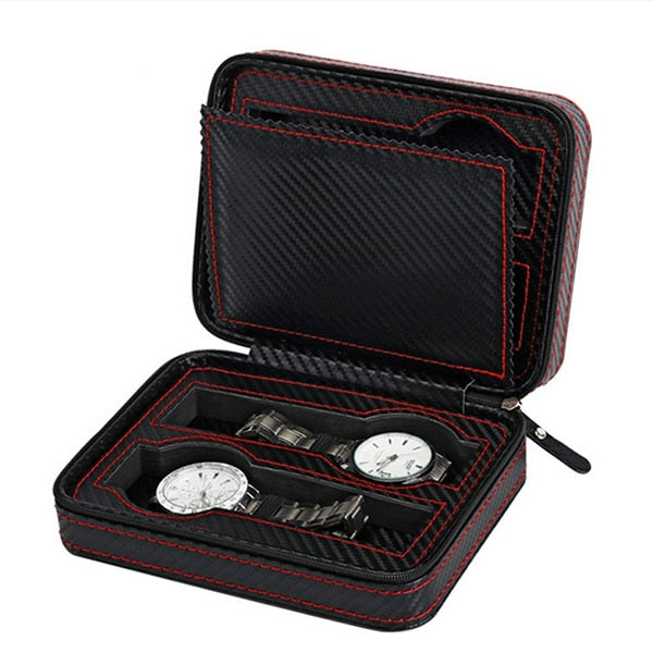 2/4/8 Slot Portable Carbon Fiber Leather Watch Zipper Storage bag Travel Jewlery Watch Box Bag Case Personalized Luxury Gift