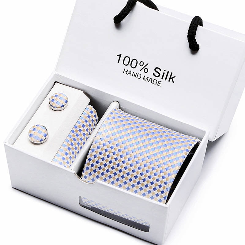 Gift box Packing  Brand Luxury Necktie Pocket Square Wedding Mens Neck TIes Silk Tie Set  Cufflinks Handkerchief