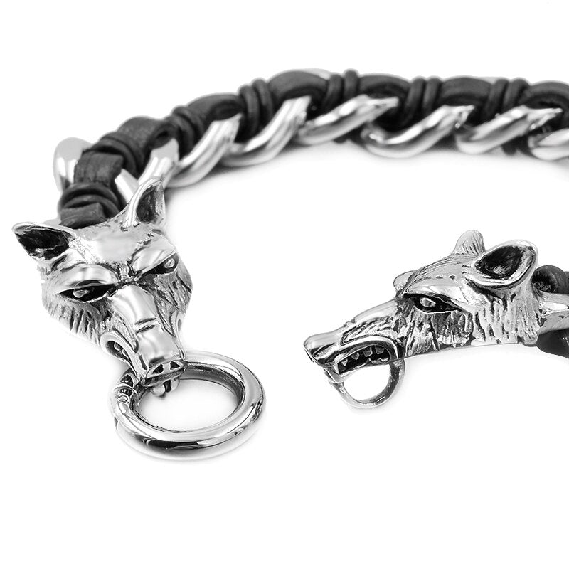 Pulsera de cabeza de lobo doble para hombre, joyería Punk Rock, pulsera de acero inoxidable 316L, cadena cubana de cuero, regalo genial, novedad de 2018