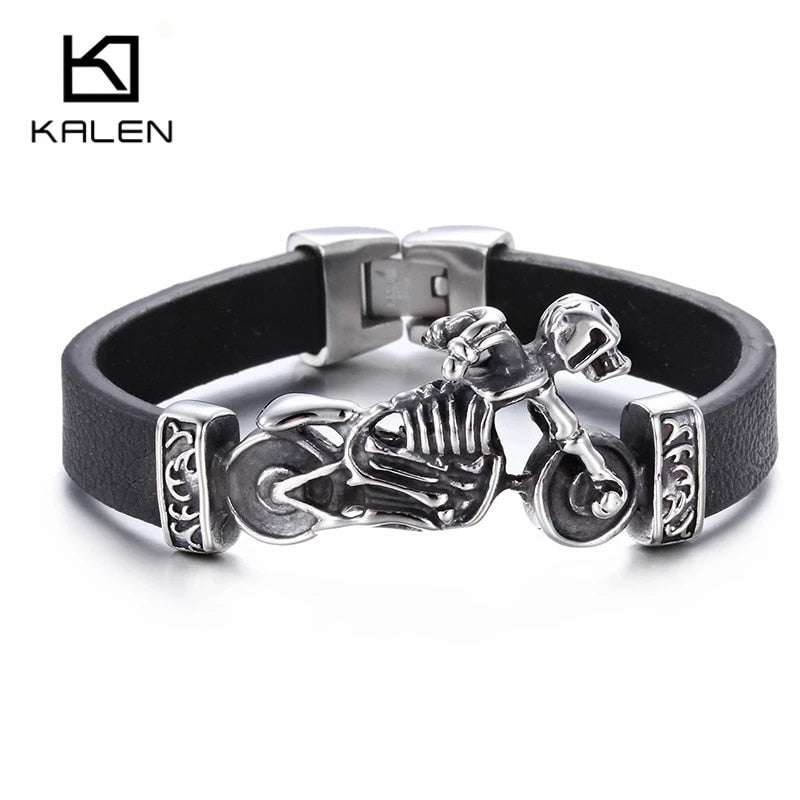 Kalen New Unique Male Jewelry Stainless Steel Motorcycle Charm Bracelet Rock Punk Durable Leather Bracelets Cheap Cool Gift