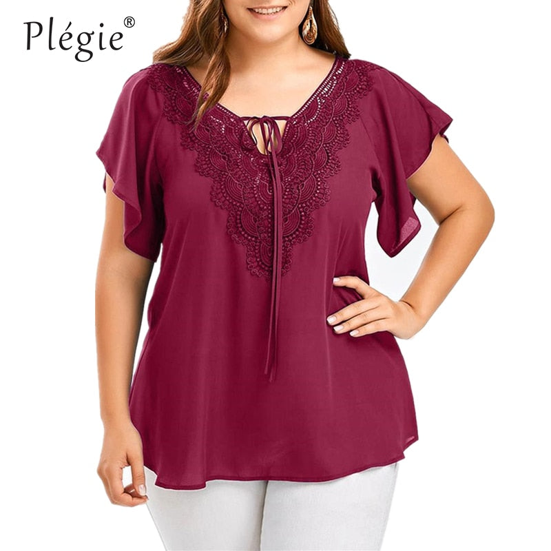 Plegie Large Size Lace Patchwork Shirt Womens Tops and Blouses Short Sleeve Big Size Blusas Femininas Blusas Mujer De Moda 2022